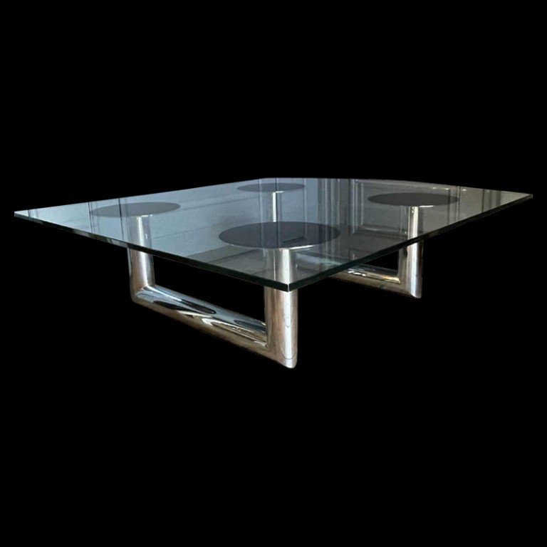 Large Square Coffee Or Salon Table In Chromed Steel, Italian Design, Ca 1970